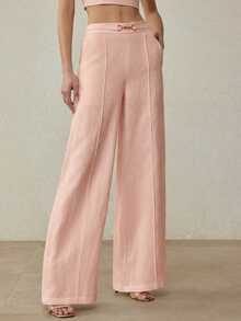 MOTF PREMIUM Pantalones de pierna ancha 100% de lino con hebilla metálica como decoración de la cintura, elegantes para el transporte, estilo vintage - Rosa - Ver 4