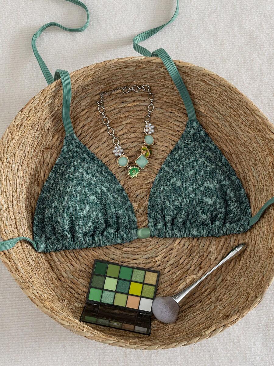SHEIN Swim 2026 New Plus Size Green Special Fabric Halter Tie Front Beaded Women's Bikini Top, Suitable For Beach & Seaside Wear, Spring/Summer - Green - View 1