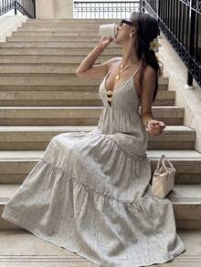 Elyressa Đầm cổ yếm mùa hè thanh lịch, dệt cao cấp dành cho nữ. - Màu Khaki - Xem 3