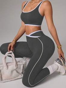 Slayform Slayform Women's Grey Summer Athleisure Gym Outfit,Patchwork Color Cropped Top And Leggings 2 Piece Matching Workout Sets,Casual Sportswear Sports Outfits - Dark Grey - View 7