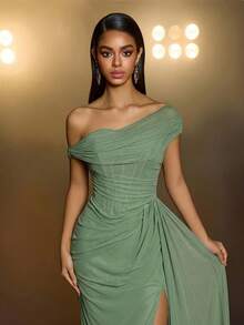 Glamrae Minimalist Distressed Khaki Ruched Off-Shoulder Semi-Sheer Fishtail Slit Formal Evening Gown - Green - View 7