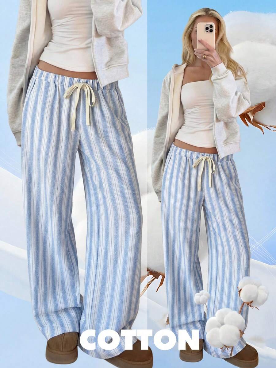 SHEIN CovetEZ 女士休闲撞色条纹阔腿裤 - 藍白色 - 查看 1