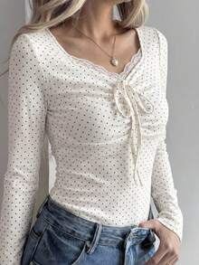 FRIFUL Women's Polka Dot Print Contrast Lace Front Tie Long Sleeve T-Shirt - White - View 10
