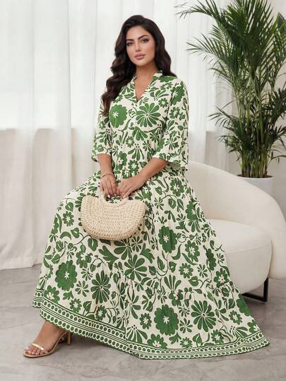 SHEIN Lady CURVE 大码女式花卉印花喇叭袖荷叶边下摆沙滩裙