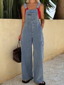 Quần yếm denim dáng rộng bằng cotton dành cho nữ, thích hợp cho mùa xuân và mùa hè. - Rửa tối - Xem 5