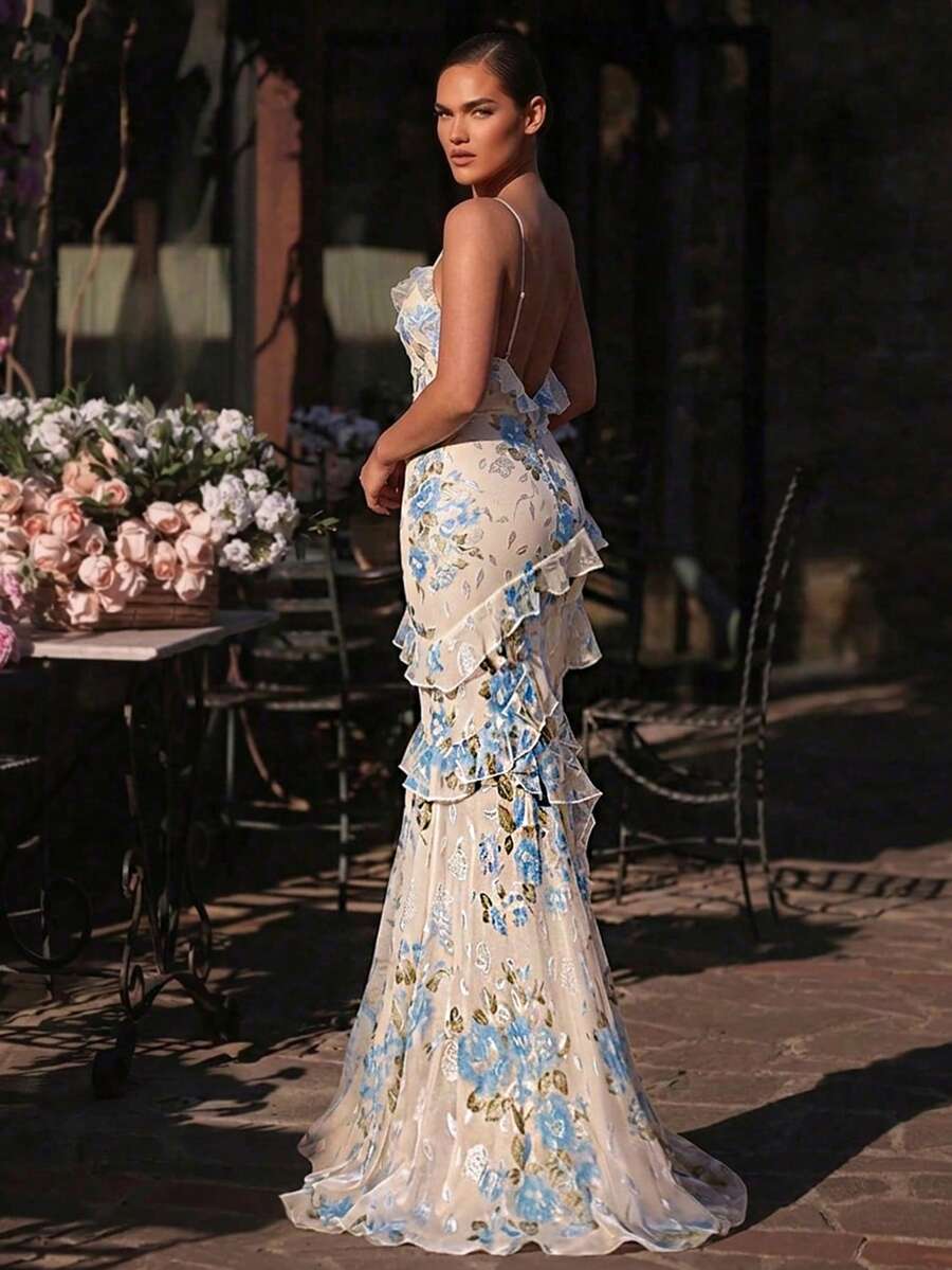 Glamrae Đầm maxi dáng đuôi cá, thanh lịch, mềm mại, nhiều màu xanh dương, chất liệu chiffon, họa tiết hoa, dây mảnh, xếp tầng, thích hợp cho các buổi hẹn hò, kỳ nghỉ, tiệc độc thân, đám cưới, đi biển, lễ tốt nghiệp, hoặc làm đầm dạ hội cho nữ. - Nhiều màu - Xem 1