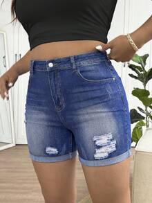 SHEIN CURVE+ Women's Plus Size Distressed High Waist Skinny Denim Shorts,Dark Blue,Summer,Casual,Hiking Ripped Jean Shorts With Rolled Hem Y2k Chic Cute Streetwear - Blue - View 5