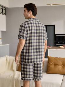 CoupledUp Bộ đồ mặc nhà nam cổ điển kẻ caro phối viền tương phản, phong cách thường ngày. - Xanh và trắng - Xem 2