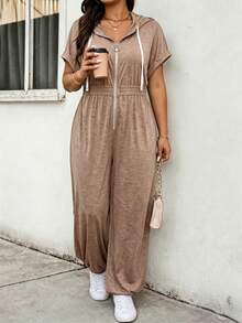 Calvaya Plus Size Short Sleeve V-Neck Textured Front Zipper Waist Drawstring Hooded Jumpsuit, Casual Commuter Wear - Coffee Brown - View 6
