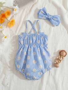 Vintaside Kids 2件套女婴时尚可爱条纹露肩连体衣和发带套装，夏季派对 - 藍色 - 查看 2