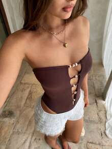 Aloruh 女士夏季新款棕色性感优雅沙滩度假多层镂空串珠胸衣连体衣 - 棕色 - 查看 1