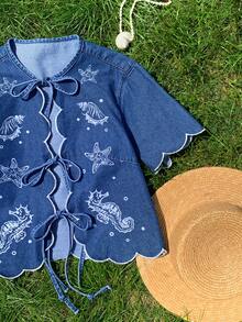 Comfortcana Áo sơ mi denim buộc dây in họa tiết dành cho nữ - Rửa tối - Xem 6