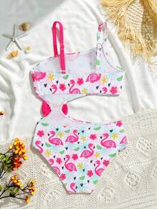 Girls' Cute Tropical Floral & Flamingo Print One-Piece Swimsuit With Bow Decor, Summer Beach Holiday - Pink - View 2