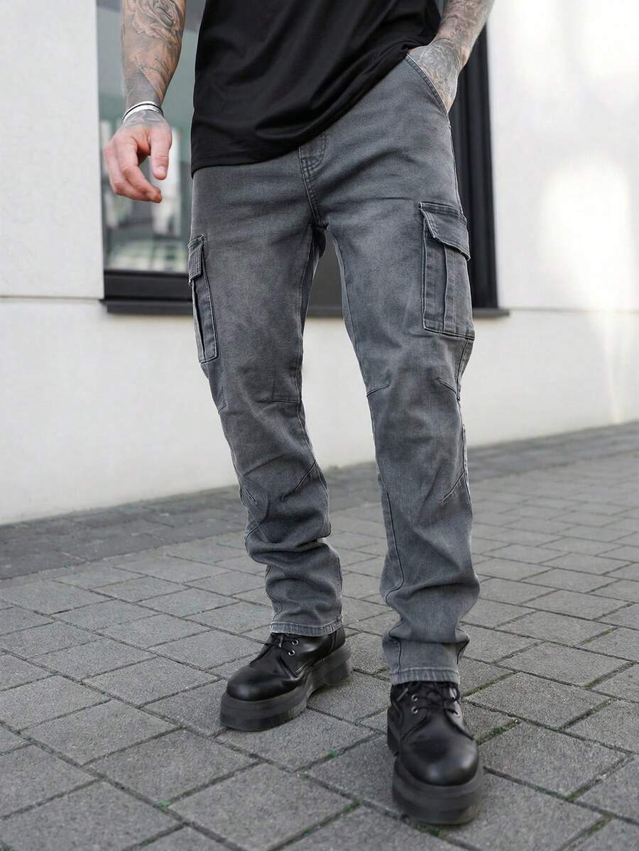 Artur Kramer 男士时尚休闲街头多口袋牛仔裤 - 深灰色 - 查看 1