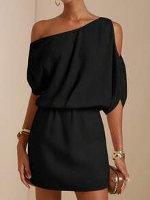 Vesra Vestido mini casual de fiesta de mujer de unicolor con hombro asimétrico fruncido - Negro - Ver 5