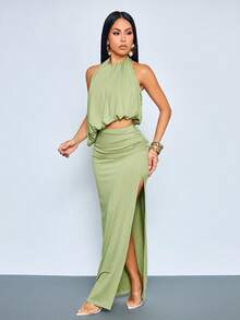 SOLERSUN Women's Elegant Ruched Sleeveless Backless Balloon Hem Top & & Ruched High Slit Maxi Skirt Two Pieces Outfit,Versatile For Vacation, Beach, Wedding Guest, Brunch & Party - Green - View 4