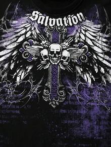 ROMWE MEN 男士标语骷髅印花圆领休闲短袖T恤，宽松版型 - 黑色 - 查看 2