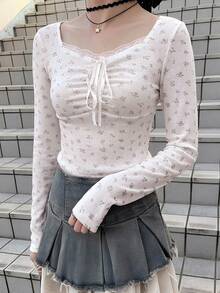 FRIFUL 女士花卉印花蕾丝拼接心形领长袖T恤 - 粉色 - 查看 5