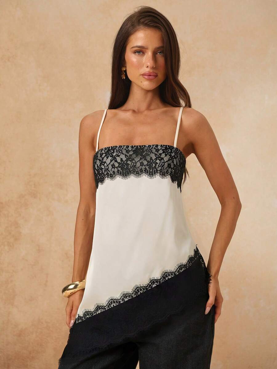 SHEIN BAE Áo hai dây ren màu ngà voi, vạt áo bất đối xứng, áo lót gợi cảm và thanh lịch để mặc hàng ngày, thích hợp cho mùa xuân/hè. - trắng - Xem 1