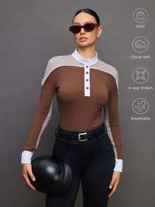 Activina Blusa de manga larga con botones de contraste y media cartera para mujer, estilo ecuestre - Marrón - Ver 9