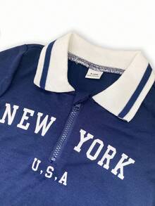 2pcs Baby Boy Navy Blue Summer Casual Vacation Independence Day Set,New York Polo Shirt Half Zip Short Sleeve Top&Elastic Waist Printed Shorts Outfit - Blue - View 4