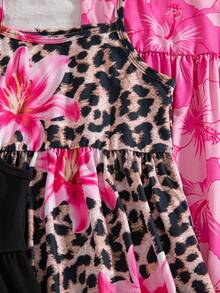 SHEIN Conjunto de 3 peças para meninas: vestido de alças finas, vestido sem mangas com estampa floral xadrez e elástico, vestido casual com estampa por toda a peça, decote nas costas e alças finas, com elasticidade média, ideal para férias de verão e festas. - Multicolorido - Ver 3