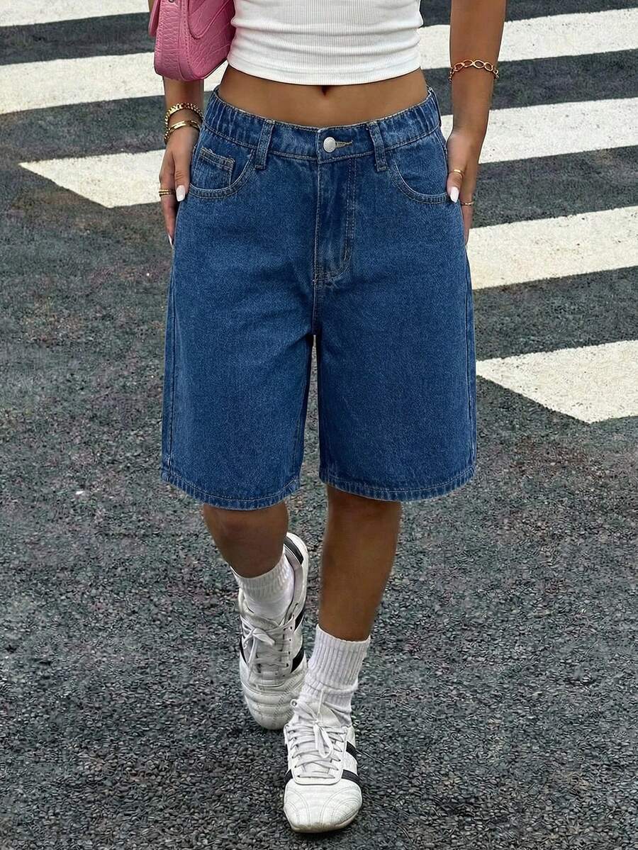 Teen Girl Loose Fit Bermuda Denim Shorts With Pockets - Dark Wash - View 1