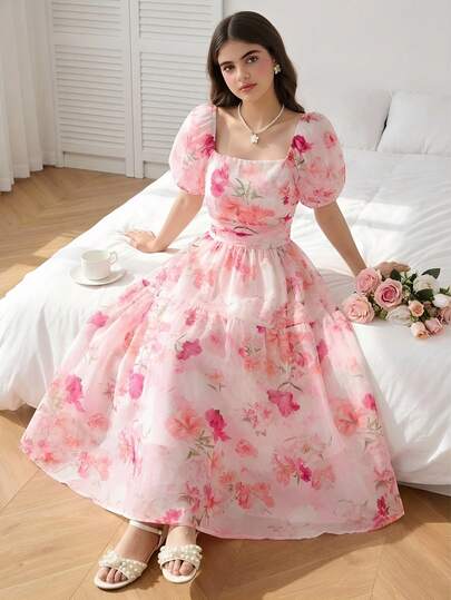 Teen Girl Casual Everyday Comfortable Fitted Puff Sleeve Ditsy Floral Dress