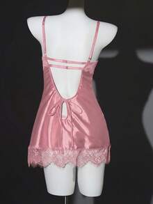 SHEIN Valentine's Day Satin Contrast Lace Backless Dress 2 Pieces Set - Pink - View 4