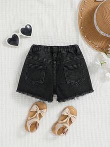 SHEIN Young Girls' Y2K Spring Summer Boho Girls Jeans Shorts ,Washed Casual Distressed Denim Shorts - Black - View 2