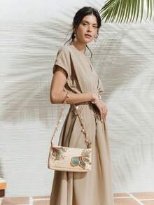 SHECARRY 1 Túi đeo vai bằng da PU kiểu đảo nhiệt đới đính sequin hoa, trang trí sao và vỏ sò, túi xách đi biển cho kỳ nghỉ hè và du lịch (Các mặt dây chuyền nhỏ được đựng trong túi riêng để tự làm). - Màu Khaki - Xem 4