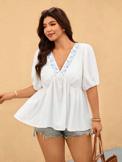 Elaquor Áo kiểu dáng thanh lịch cỡ lớn, cổ chữ V, tay phồng, chất liệu vải jacquard chấm bi, cổ áo thêu đính cườm, điểm xuyết sequin, kiểu dáng cổ điển lãng mạn, thích hợp cho tiệc tùng, đám cưới, Ngày của Mẹ.