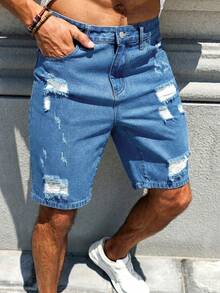 Manfinity Homme Pantalones cortos vaqueros azules rectos y rotos de estilo casual para hombre, moda callejera para primavera/verano - Azul lavado medio - Ver 6