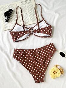 SHEIN Bộ bikini nữ tuổi teen họa tiết chấm bi cổ điển, dây đeo rộng, cổ chữ U, áo croptop và quần bikini xẻ cao, đồ bơi đi biển mùa hè. - Màu Khaki - Xem 2