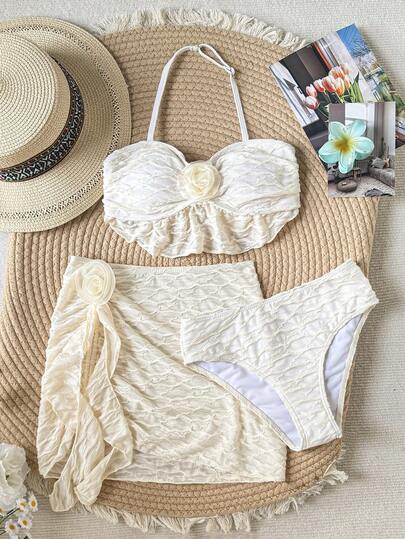 SHEIN 3pcs Tween Girl Bikini Set, Designed For Girls, Made Of Textured Knit Fabric With 3D Floral Decor, Spaghetti Straps, Suitable For Beach, Vacation And Hawaii