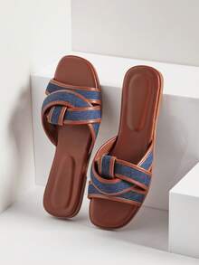 SHUZIA Sandal đế bằng kiểu dáng thanh lịch dành cho nữ, kiểu dáng đan chéo. - Màu xanh hải quân - Xem 9