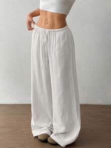Flirla Pantalones rectos de cintura súper baja de algodón orgánico casual para mujer - Blanco - Ver 3