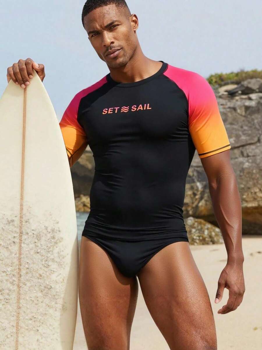 Manfinity Swimmode Men's Beach Vacation Casual Printed Short Sleeve Rash Guard - Black - View 1