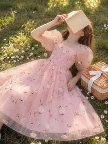 少女 3D 花卉网眼泡泡袖公主裙，优雅大方，适合婚礼、生日派对、宴会 - 粉色 - 查看 5