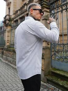 Artur Kramer 男士时尚商务休闲条纹印花长袖衬衫，秋季 - 白色 - 查看 6
