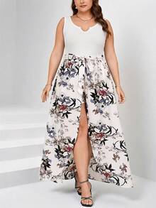 Mono de mujer talla con estampado tropical de plantas, sin mangas, con lazo en la cintura y sobrecapa, para vacaciones de verano en la playa - Blanco - Ver 5