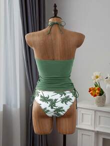 Swim Lushoire 夏天沙灘棕櫚樹印花束腰三角型連帽比基尼 - 綠色 - 查看 5