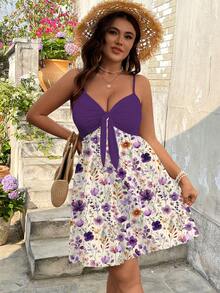 Veykashi Đầm cỡ lớn màu tím loang họa tiết hoa, thắt nơ, thích hợp cho trang phục đi nghỉ mát. - Nhiều màu - Xem 4