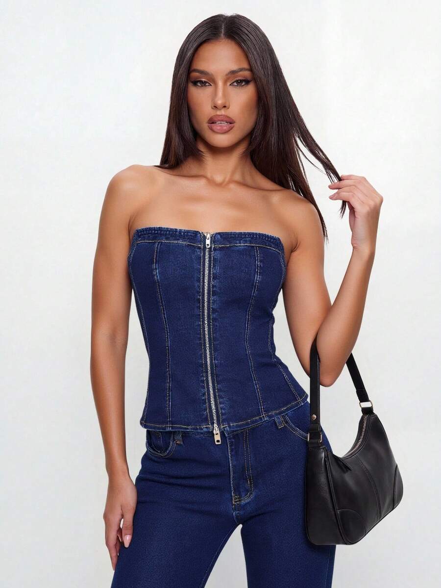 Avantive Women's Casual Versatile Zip-Up Denim Camisole Top For Daily Wear - Royal Blue - View 1