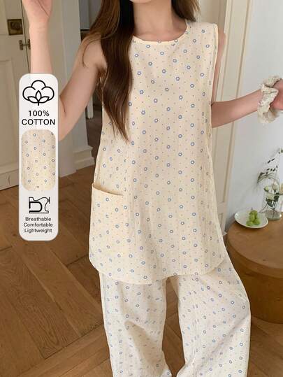 DAZY 女士简约舒适碎花口袋上衣和休闲家居裤睡衣套装