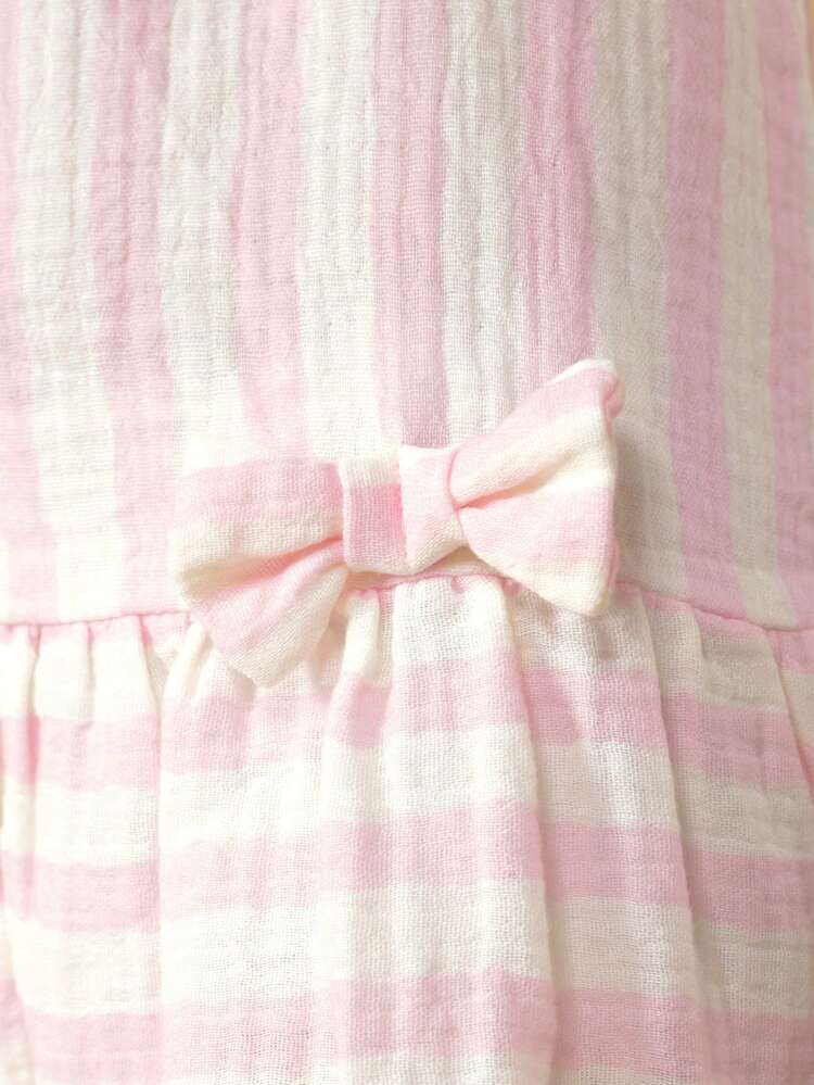Girls Sleeveless Pink Stripe Drop Waist Bow Detail Summer Dress With Scoop Neckline And Ruffle Hem For Spring Casual Wear