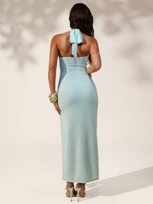 Optris Light Blue Summer 70s Beach Party Holiday Women's Tie-Dye Ombre Metal Decor Cutout High Slit Backless Maxi Dress,Boho Strapless Vacation Outfits - Blue - View 2
