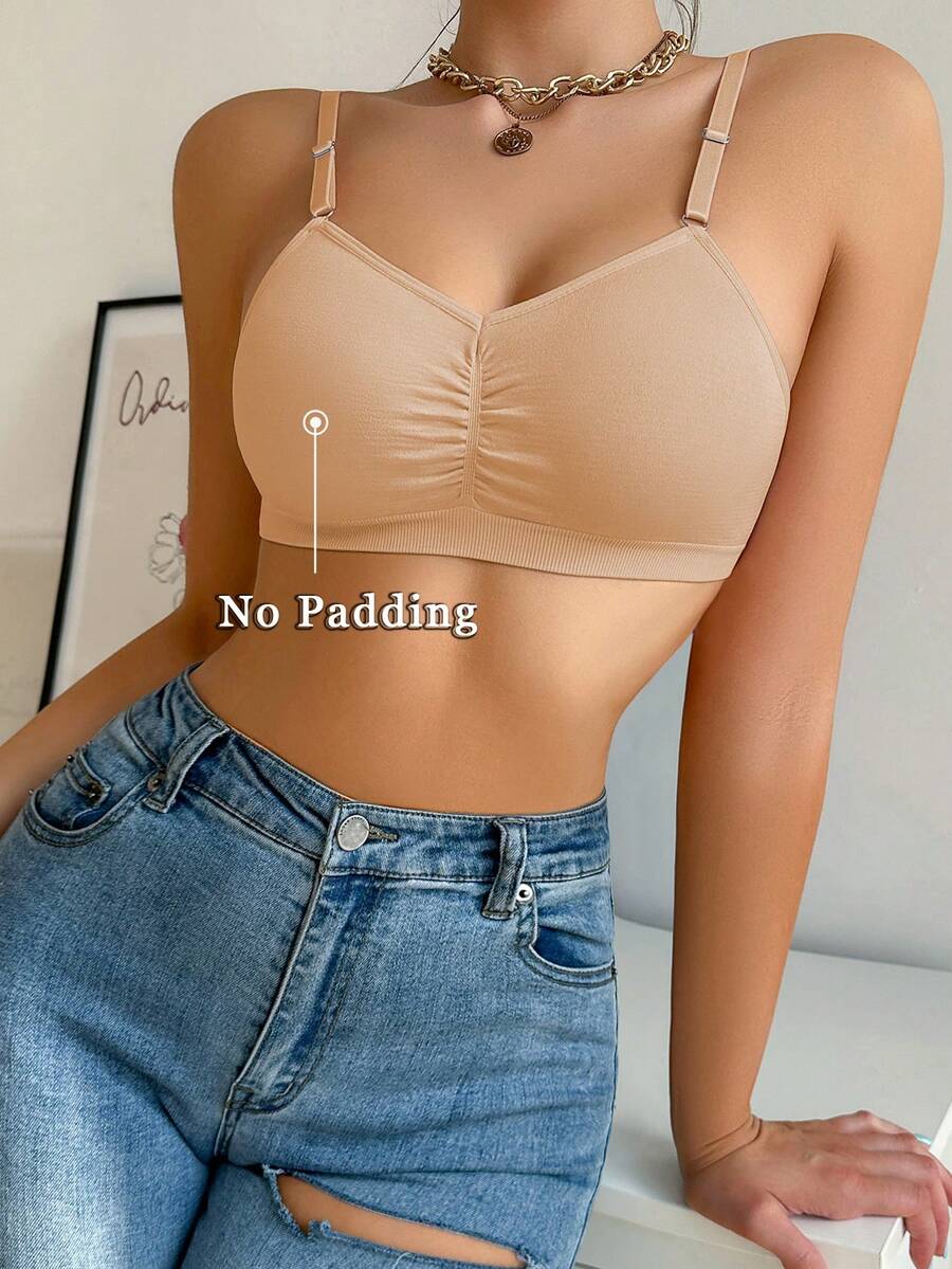 SHEIN Simple Solid Color Ruched Comfortable Wireless Bra - Apricot - View 1