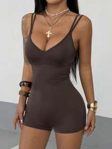 StreetHx Bộ jumpsuit lửng hai dây màu trơn phong cách đường phố dành cho nữ, thích hợp cho mùa xuân/hè. - màu nâu - Xem 3