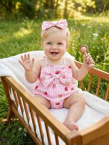 SHEIN Vintaside Kids 2件套女婴时尚可爱条纹露肩连体衣和发带套装，夏季派对 - 粉色 - 查看 3